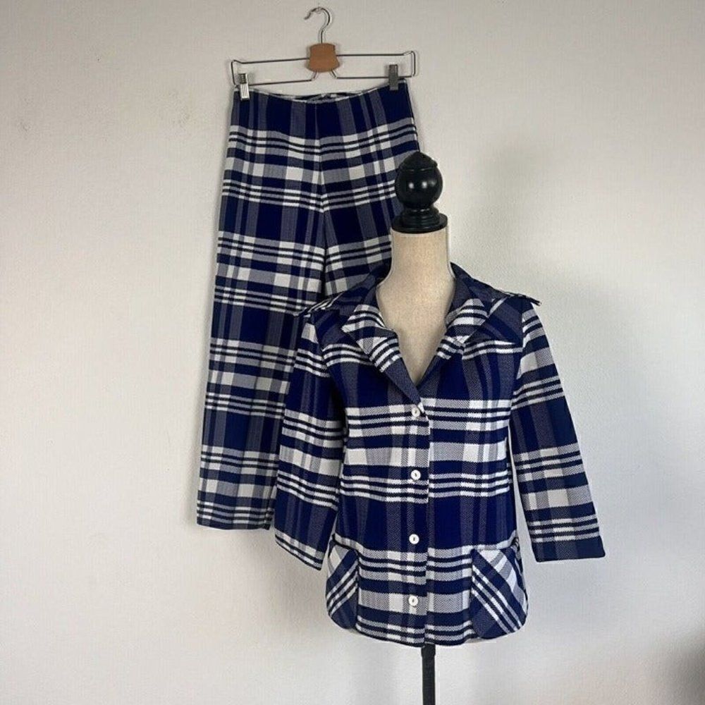 Vintage 70s Blue & White Plaid Button Down Jacket & Straight Leg Pant Set Small